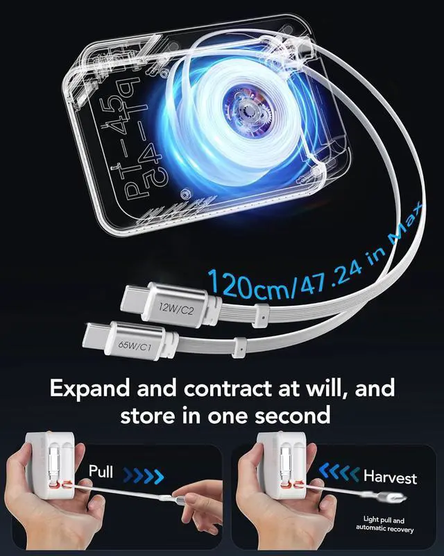 Alt view image 3 of 7 - 65W for MacBook Pro Charger 5-in-1 Retractable Wall Charger Plug for iPhone 17 Dual 3.94 ft PD USB C Cable&3 Ports Fast Charging Block for Mac Book Pro/Air M1 M2 M3 M4 iPad Pro Galaxy Pixel