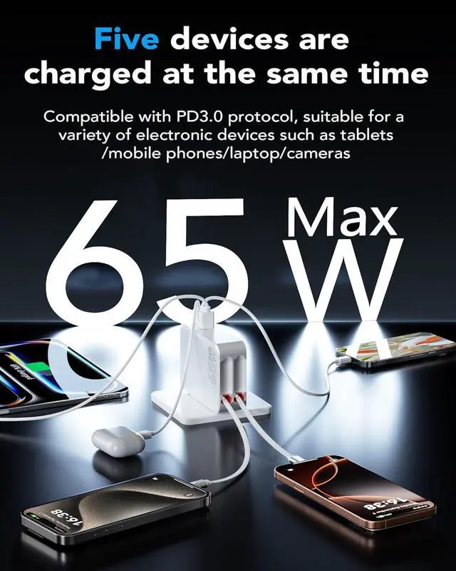 Alt view image 5 of 7 - 65W for MacBook Pro Charger 5-in-1 Retractable Wall Charger Plug for iPhone 17 Dual 3.94 ft PD USB C Cable&3 Ports Fast Charging Block for Mac Book Pro/Air M1 M2 M3 M4 iPad Pro Galaxy Pixel