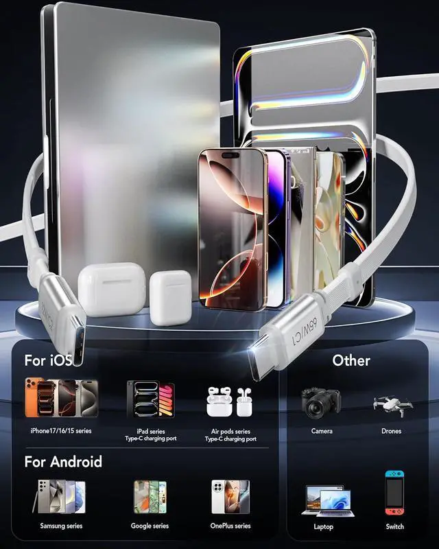 Alt view image 7 of 7 - 65W for MacBook Pro Charger 5-in-1 Retractable Wall Charger Plug for iPhone 17 Dual 3.94 ft PD USB C Cable&3 Ports Fast Charging Block for Mac Book Pro/Air M1 M2 M3 M4 iPad Pro Galaxy Pixel