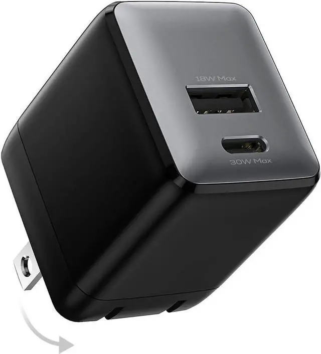 Main image of USB C Fast Charging Charger 30W Dual-Port GaN Nano Charger with Foldable Plug for iPhone 16/15 Series iPad Galaxy S24 Ultra and More Series (Black 1 Pack)