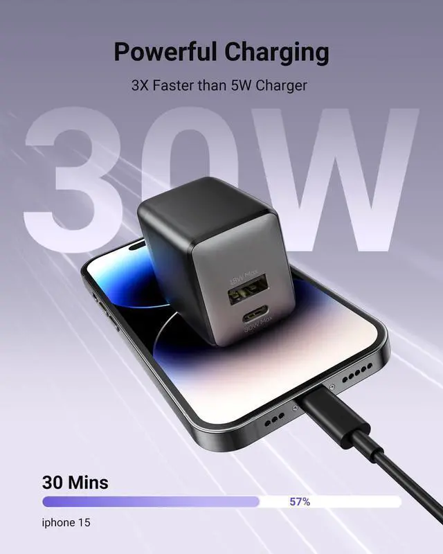 Alt view image 2 of 7 - USB C Fast Charging Charger 30W Dual-Port GaN Nano Charger with Foldable Plug for iPhone 16/15 Series iPad Galaxy S24 Ultra and More Series (Black 1 Pack)