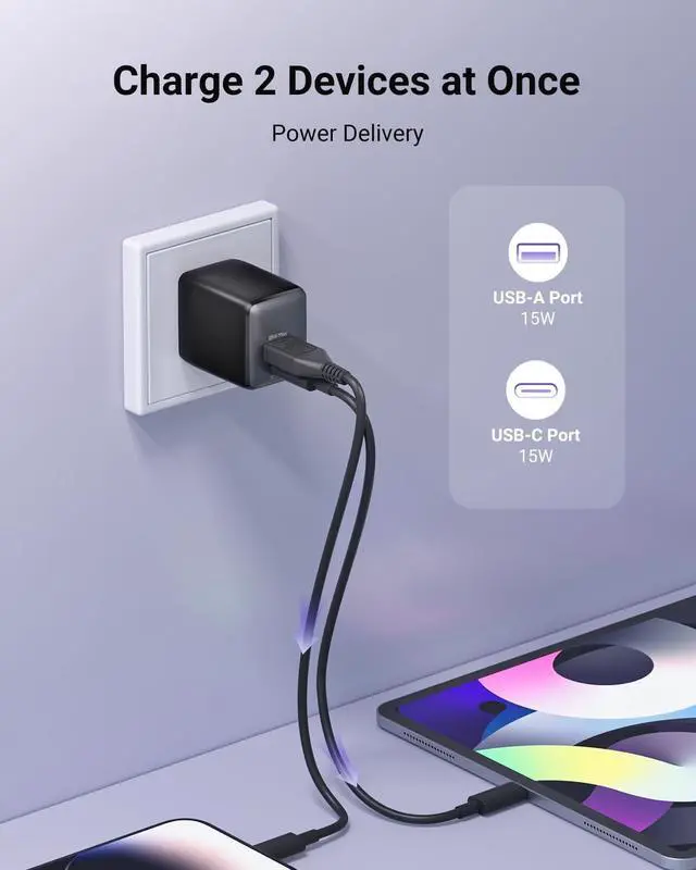 Alt view image 3 of 7 - USB C Fast Charging Charger 30W Dual-Port GaN Nano Charger with Foldable Plug for iPhone 16/15 Series iPad Galaxy S24 Ultra and More Series (Black 1 Pack)