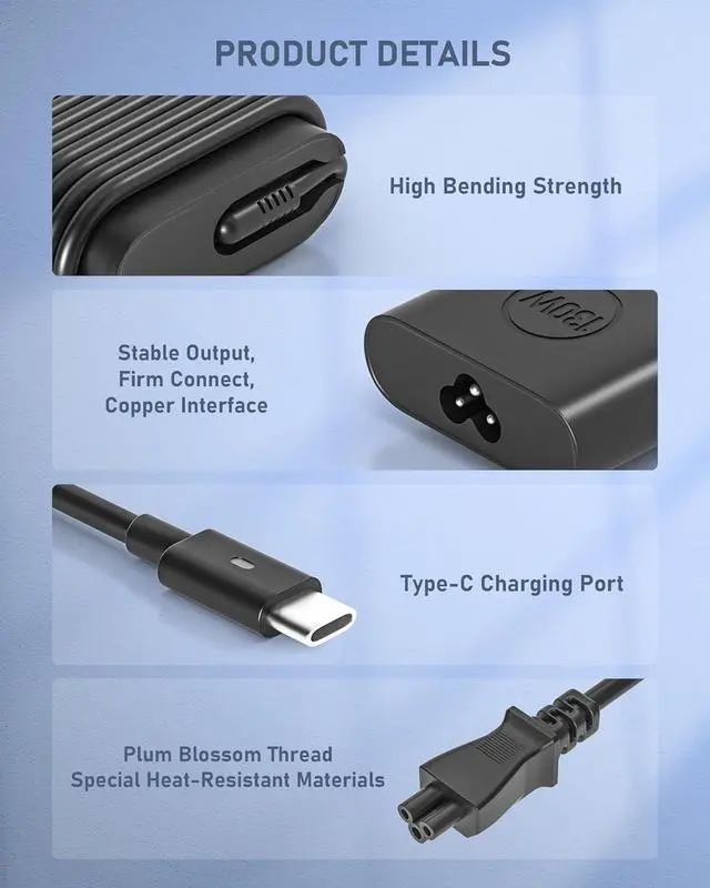 Alt view image 4 of 7 - 130W USB C Laptop Charger for  Xps 15 16 17 9575 9640 9500 9510 9520 9530 9700 9720 9730 Precision 5470 5480 5540 5550 5560 5570 5760 3550 3560 3570 3580 Latitude Series Slim AC Adapter Power Cord