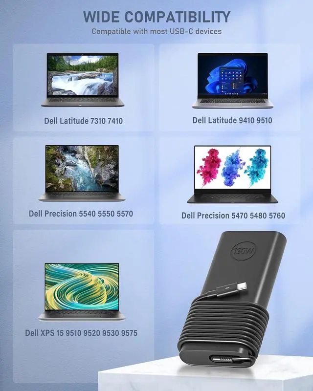 Alt view image 3 of 7 - 130W USB C Laptop Charger for  Xps 15 16 17 9575 9640 9500 9510 9520 9530 9700 9720 9730 Precision 5470 5480 5540 5550 5560 5570 5760 3550 3560 3570 3580 Latitude Series Slim AC Adapter Power Cord