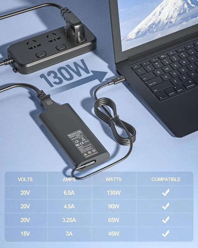 Alt view image 2 of 7 - 130W USB C Laptop Charger for  Xps 15 16 17 9575 9640 9500 9510 9520 9530 9700 9720 9730 Precision 5470 5480 5540 5550 5560 5570 5760 3550 3560 3570 3580 Latitude Series Slim AC Adapter Power Cord