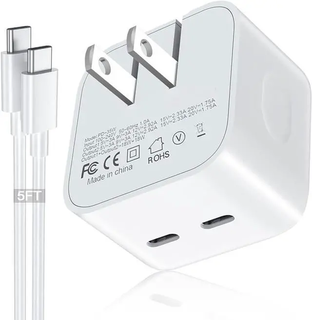 Main image of 35W Dual USB-C Port Compact Power Adapter with 5FT C to C Charging Cord for iPhone 16 15 14 13 12 11 Pro Max Plus  S25 Airpods Mini iPad MacBook Air Foldable Type C Fast Wall Charger