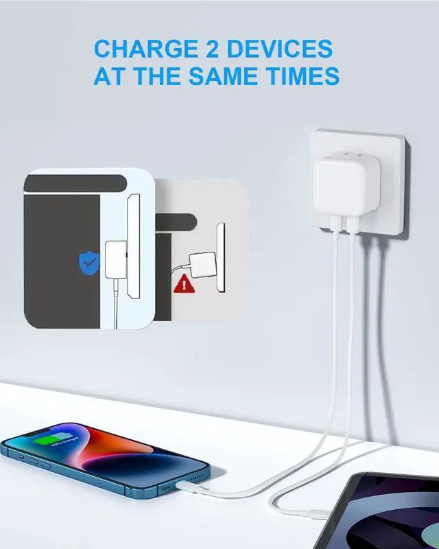 Alt view image 5 of 7 - 35W Dual USB-C Port Compact Power Adapter with 5FT C to C Charging Cord for iPhone 16 15 14 13 12 11 Pro Max Plus  S25 Airpods Mini iPad MacBook Air Foldable Type C Fast Wall Charger