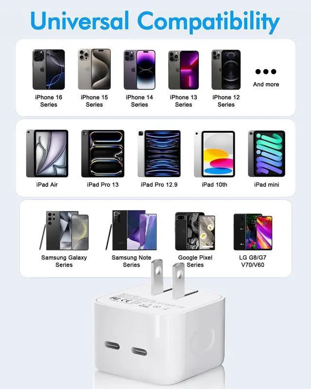 Alt view image 6 of 7 - 35W Dual USB-C Port Compact Power Adapter with 5FT C to C Charging Cord for iPhone 16 15 14 13 12 11 Pro Max Plus  S25 Airpods Mini iPad MacBook Air Foldable Type C Fast Wall Charger