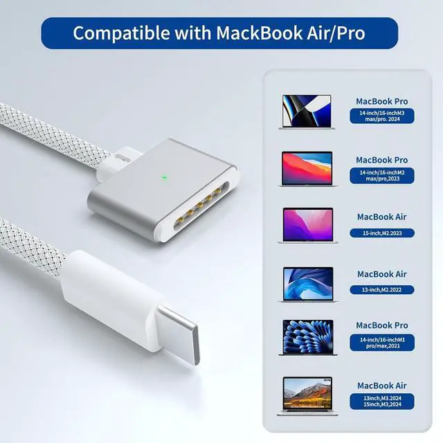 Alt view image 3 of 6 - 140W USB-C to Magnetic 3 Cable 6.6FT/2M Compatible with Magsafe Charging Cable for MacBook Air 2024 M3 13 15 Air 2022/2023 M2 Pro 2023 M2 Pro & Max 14 16 Pro 2021 M1 & Max 14 16 White
