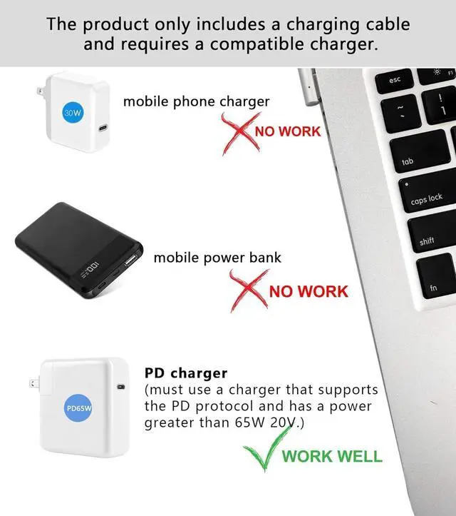 Alt view image 4 of 7 - 60W USB C to Magnetic 1 Charging Cable L-Tip Magnetic Head Compatible with MacBook Air Pro 2007-2012Only Charging Cable Need to use with PD65W Charger