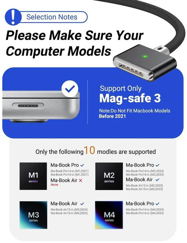 Alt view image 2 of 7 - 140W USB-C to Magnetic 3 Cable (6.6FT Black) Fit for MacBook Air Charger Mag-Safe Gen 3 Port Magnetic Safe 3 Cable Fit for 2024 MacBook Pro 14 16 M4 2023 Mac-Book Air 13 15 M3 & More