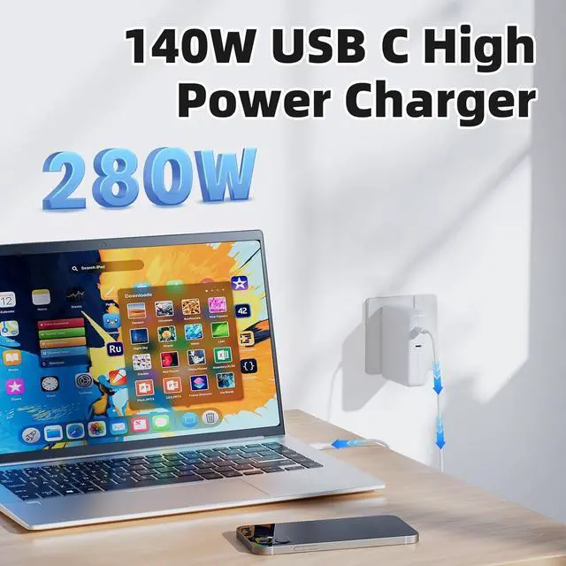 Alt view image 2 of 7 - Mac Book Pro Charger 280W USB C Charger Fast Charger Adapter Compatible with MacBook pro/Air 13 14 15 16 inch ipad Pro  Galaxy and All USB C Device (2 Cables Included)