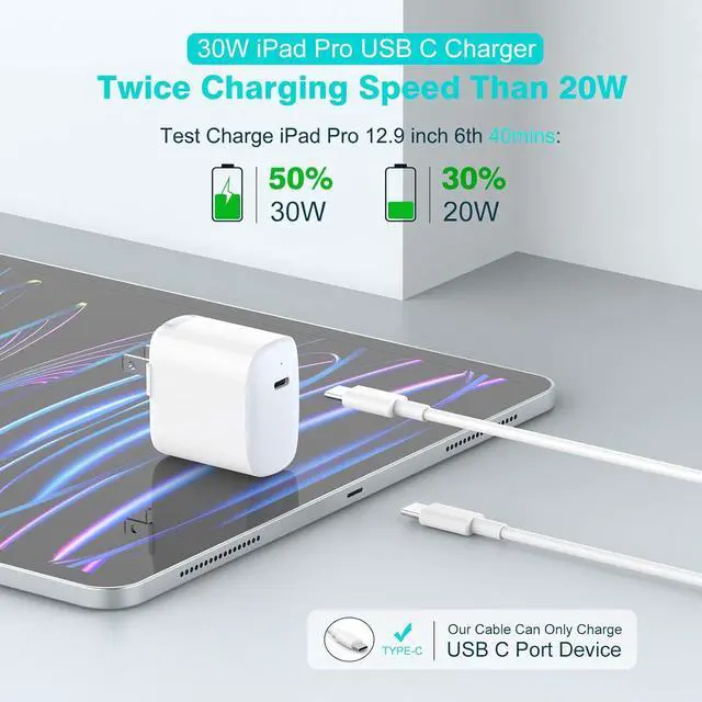 Alt view image 2 of 7 - 30W USB C Charger for iPad Pro 13 12.9 11 inch 2024 2023 2022 2021 2020 2019 M4 M2 M1 iPad Air 5 4 M3 M2 Mini 6 A17 Pro iPad 10 A16 MacBook Air iPhone 16 15 Pixel 8 7 Pro 6.6ft USB-C Cable