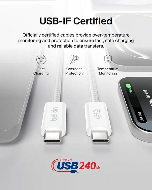 Alt view image 4 of 7 - USB C to USB C Cable ?2-Pack 6.6ft 240W - Type C Charger iPhone Charger Cord Soft Braided Flexible for iPhone 16 Galaxy S25 Pixel 9 MacBook Chromebook iPad Pro Switch  White?