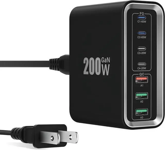 Main image of USB C Charger Block 200W 7-Ports GaN Fast Charging Station Hub 65W USBC Charger PD Laptop Charger MutilPort Wall Plug Power Adapter for MacBook Pro/Air  iPhone 16/15/14 iPad Steam Deck