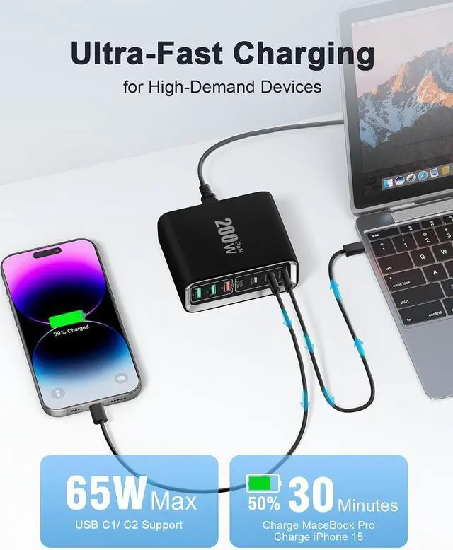 Alt view image 2 of 6 - USB C Charger Block 200W 7-Ports GaN Fast Charging Station Hub 65W USBC Charger PD Laptop Charger MutilPort Wall Plug Power Adapter for MacBook Pro/Air  iPhone 16/15/14 iPad Steam Deck