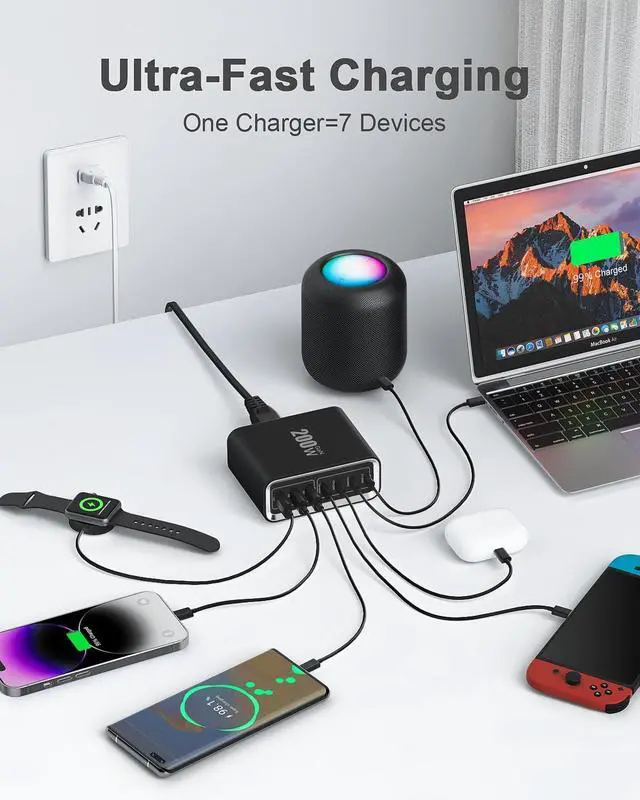 Alt view image 4 of 6 - USB C Charger Block 200W 7-Ports GaN Fast Charging Station Hub 65W USBC Charger PD Laptop Charger MutilPort Wall Plug Power Adapter for MacBook Pro/Air  iPhone 16/15/14 iPad Steam Deck