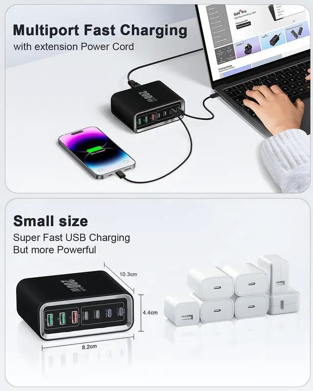 Alt view image 5 of 6 - USB C Charger Block 200W 7-Ports GaN Fast Charging Station Hub 65W USBC Charger PD Laptop Charger MutilPort Wall Plug Power Adapter for MacBook Pro/Air  iPhone 16/15/14 iPad Steam Deck