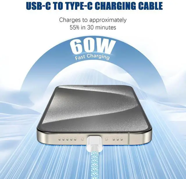 Alt view image 2 of 7 - USB C to C Fast Charger Cable 10ft 60W Long Fast Charge Type C to C Charging Cord Wire for  iPhone 17 Pro Max/17 Air/16 Pro Max/15 Plus iPad Pro 12.9/11 inch/Mini/Air 5/4th MacBook -Blue