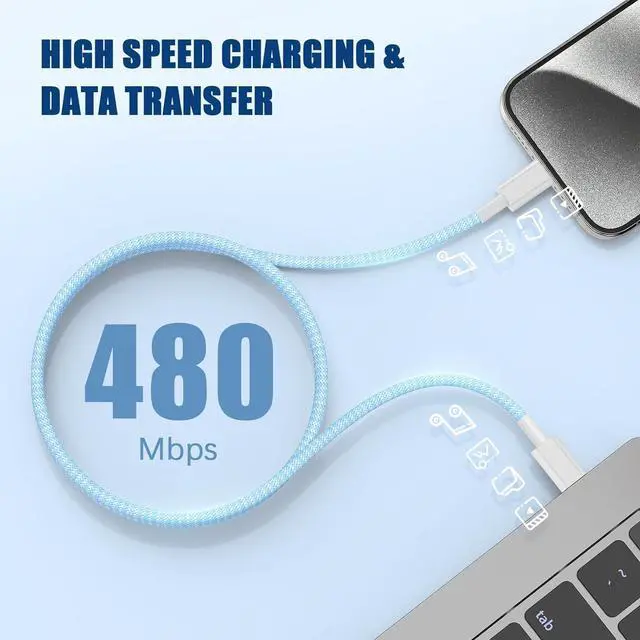 Alt view image 4 of 7 - USB C to C Fast Charger Cable 10ft 60W Long Fast Charge Type C to C Charging Cord Wire for  iPhone 17 Pro Max/17 Air/16 Pro Max/15 Plus iPad Pro 12.9/11 inch/Mini/Air 5/4th MacBook -Blue