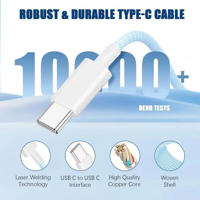 Alt view image 3 of 7 - USB C to C Fast Charger Cable 10ft 60W Long Fast Charge Type C to C Charging Cord Wire for  iPhone 17 Pro Max/17 Air/16 Pro Max/15 Plus iPad Pro 12.9/11 inch/Mini/Air 5/4th MacBook -Blue