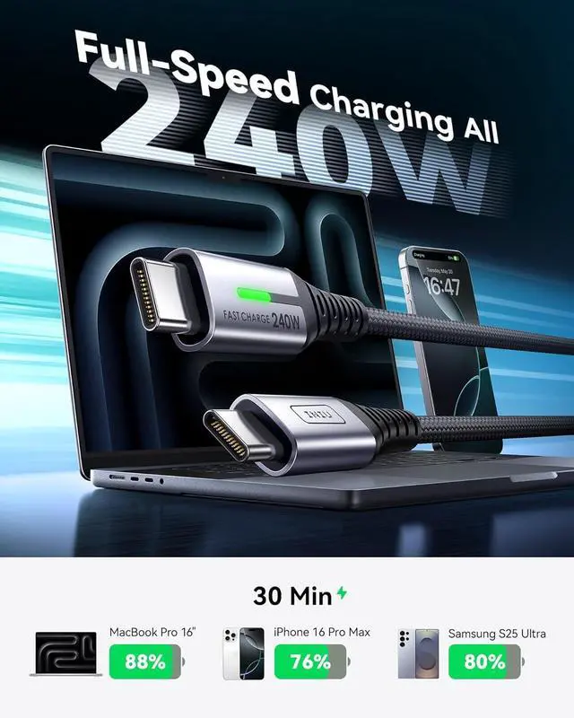 Alt view image 2 of 7 - USB C to USB C Cable 240W Fast Charging [6.6ft 2-Pack] Type C Charger Cord Braided USBC Phone Charger Cable for iPhone 17 16 15 Pro Max  S25 S24 Laptops MacBook iPad Air Switch etc.