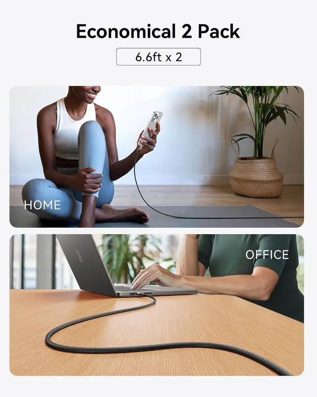 Alt view image 7 of 7 - USB C to USB C Cable 240W Fast Charging [6.6ft 2-Pack] Type C Charger Cord Braided USBC Phone Charger Cable for iPhone 17 16 15 Pro Max  S25 S24 Laptops MacBook iPad Air Switch etc.