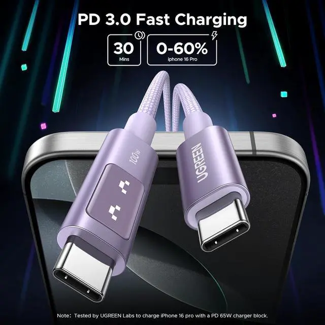 Alt view image 3 of 7 - Uno USB C to USB C Cable 100W Fast Charging Cable Type C Charging Cord with LED Display for iPhone 17/17 Plus/17 Pro/17 Pro Max/16 MacBook Pro/Air iPad Pro/Air Galaxy S25 Ultra 6.6FT Purple
