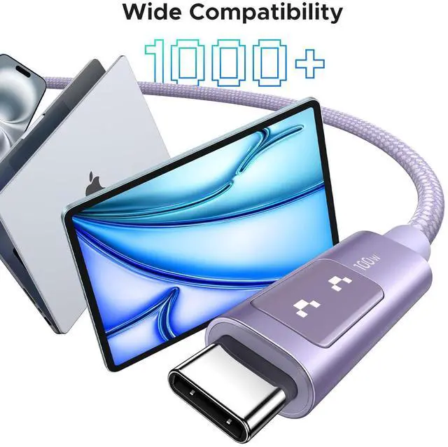 Alt view image 4 of 7 - Uno USB C to USB C Cable 100W Fast Charging Cable Type C Charging Cord with LED Display for iPhone 17/17 Plus/17 Pro/17 Pro Max/16 MacBook Pro/Air iPad Pro/Air Galaxy S25 Ultra 6.6FT Purple