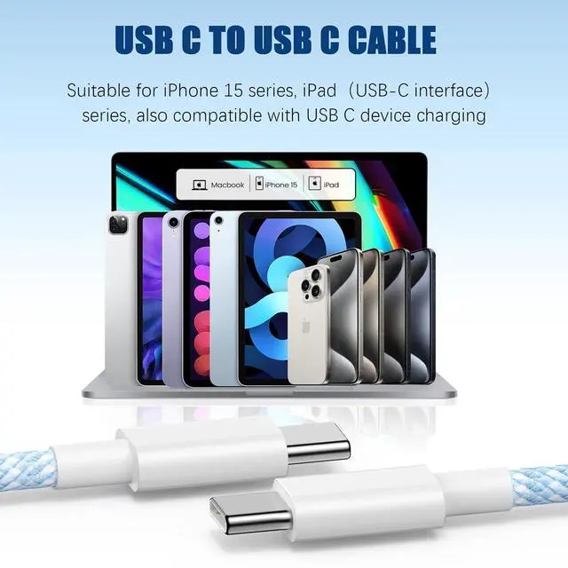 Alt view image 7 of 7 - USB C to C Fast Charger Cable 10ft 60W Long Fast Charge Type C to C Charging Cord Wire for  iPhone 17 Pro Max/17 Air/16 Pro Max/15 Plus iPad Pro 12.9/11 inch/Mini/Air 5/4th MacBook -Blue