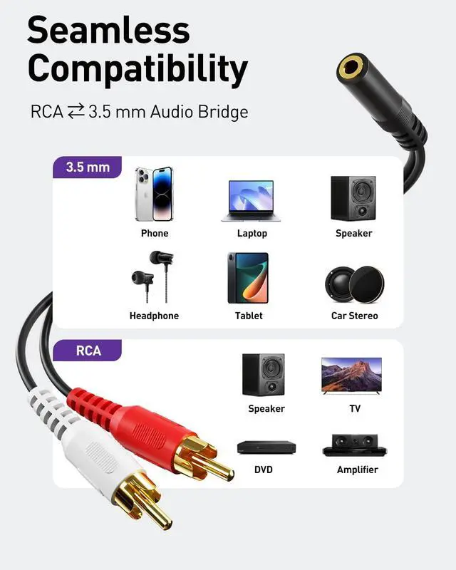 Alt view image 2 of 7 - 3.5mm Female to 2 RCA Splitter Male Stereo Audio Y Cable 2-Pack Gold Plated Adapter Compatible for TV Smartphones MP3 Tablets Speakers Home Theater (8 inch)