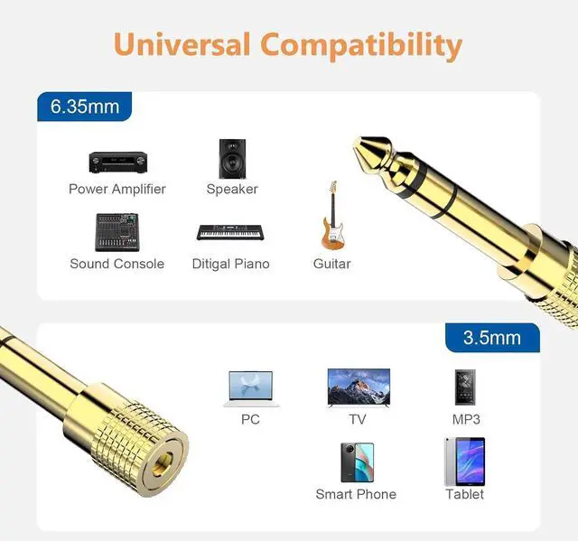 Alt view image 2 of 7 - 6.35mm (1/4 inch) Male to 3.5mm (1/8 inch) Female Stereo Audio Adapter Converter for Guitar Headphones Amp Gold Plated 4 Pack