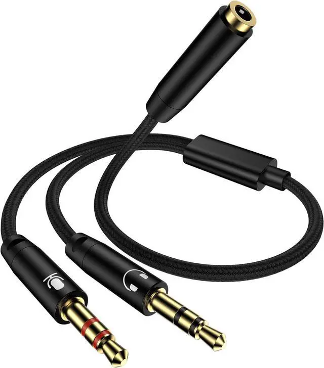 Main image of Headphone Mic Splitter for PC Braided 3.5mm Female to 2 Dual Male Audio Adapter 2-in-1 Y Separator Aux Dongle Converters Cable Cord Compatible with Headset Microphone Gaming Computer Speaker Laptop