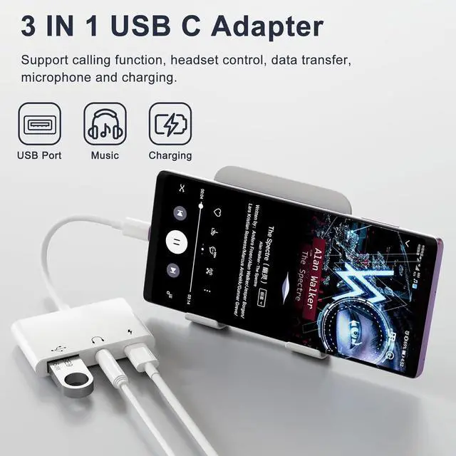 Alt view image 2 of 7 - USB C to 3.5mm Jack Headphone Adapter with Charger OTG Cable Adapter Type C to Aux Audio Earphones Splitter for  Galaxy S22 Ultra S21 S20 i-Pad Pro Air Pixel 4 Laptops
