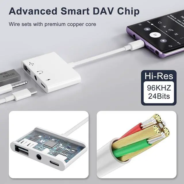 Alt view image 7 of 7 - USB C to 3.5mm Jack Headphone Adapter with Charger OTG Cable Adapter Type C to Aux Audio Earphones Splitter for  Galaxy S22 Ultra S21 S20 i-Pad Pro Air Pixel 4 Laptops