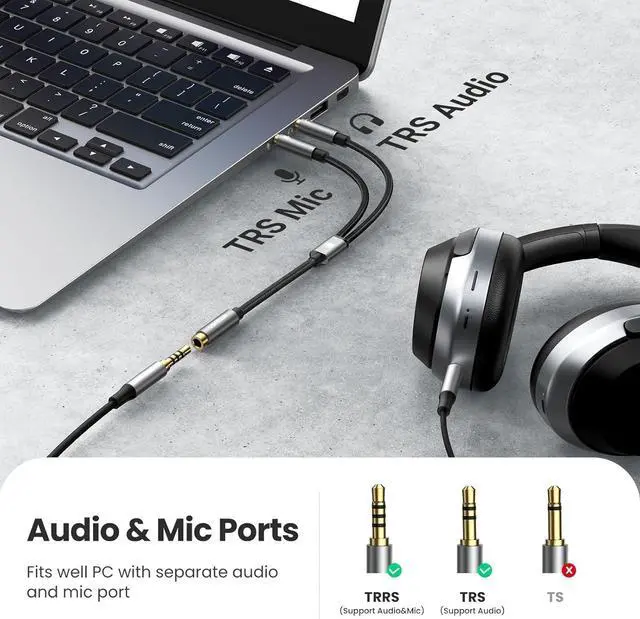 Alt view image 2 of 7 - Headphone Splitter for Computer 3.5mm Female to 2 Dual 3.5mm Male Braided Audio Splitter Cable Microphone Stereo Jack Earphones Port Cord Gaming Headset to PC Laptop Adapter Black