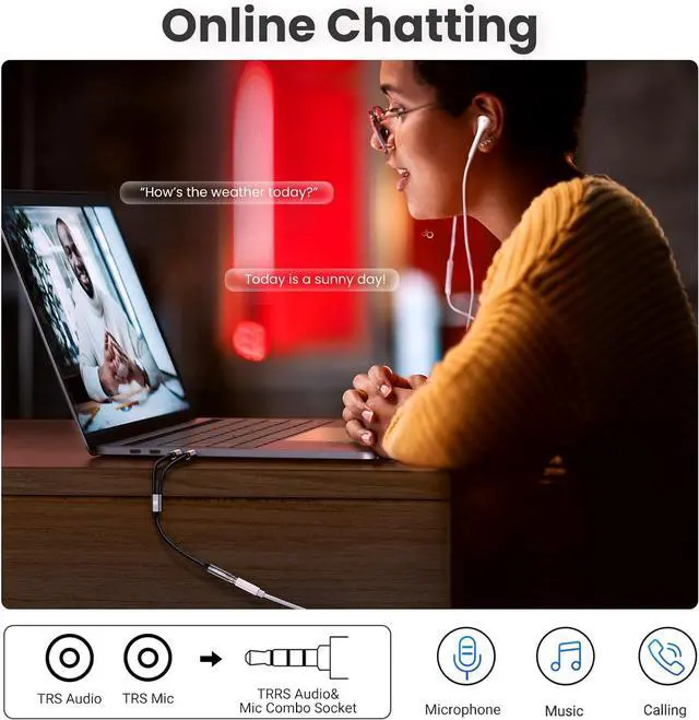 Alt view image 3 of 7 - Headphone Splitter for Computer 3.5mm Female to 2 Dual 3.5mm Male Braided Audio Splitter Cable Microphone Stereo Jack Earphones Port Cord Gaming Headset to PC Laptop Adapter Black