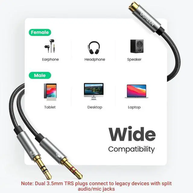 Alt view image 5 of 7 - Headphone Splitter for Computer 3.5mm Female to 2 Dual 3.5mm Male Braided Audio Splitter Cable Microphone Stereo Jack Earphones Port Cord Gaming Headset to PC Laptop Adapter Black