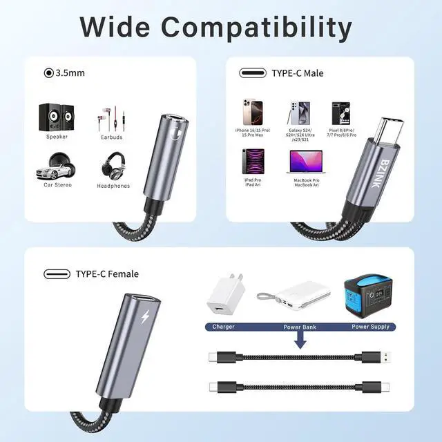 Alt view image 7 of 7 - USB C to 3.5mm Female Headphone and Charger Adapter 2-in-1 Type USBC to Aux Audio Jack Hi-Res DAC Adapter and Fast Charging Dongle Cable Compatible with iPhone 16/15 Pro Max Galaxy S22 S21 S20 Pixel