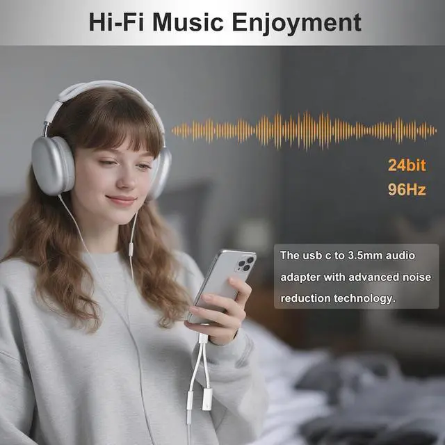 Alt view image 3 of 7 - USB C to 3.5mm Audio Adapter 2 in 1 USBC to Headphone Jack Adapter with PD Fast Charging Dongle Cable Type C to Aux for iPhone 16 iPhone 15 Galaxy