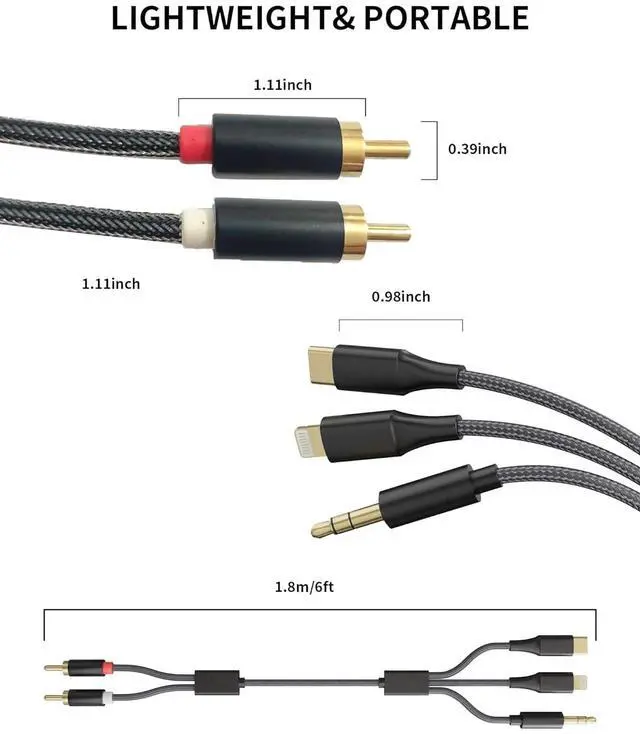Alt view image 7 of 7 - [3-in-1 RCA Audio Cable] Lightning/USB C/3.5mm to 2 RCA  Compatible with iPhone Android Home Theater Car Stereo Speaker Amplifier  6FT Lightning to RCA Audio Adapter Cord