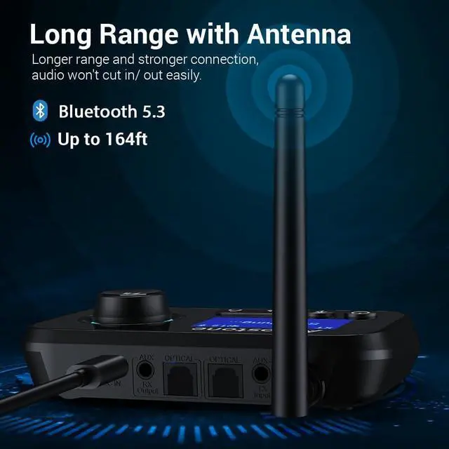 Alt view image 5 of 7 - Bluetooth Transmitter Receiver 3-in-1 Bluetooth 5.3 Audio Adapter for 2 Headphones with Bypass Volume Control ON/Off Switch LCD Display 3.5mm Aux/Optical/RCA for Home Stereo TV Speaker PC
