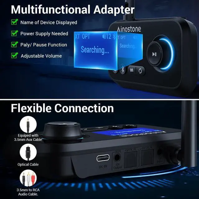 Alt view image 6 of 7 - Bluetooth Transmitter Receiver 3-in-1 Bluetooth 5.3 Audio Adapter for 2 Headphones with Bypass Volume Control ON/Off Switch LCD Display 3.5mm Aux/Optical/RCA for Home Stereo TV Speaker PC