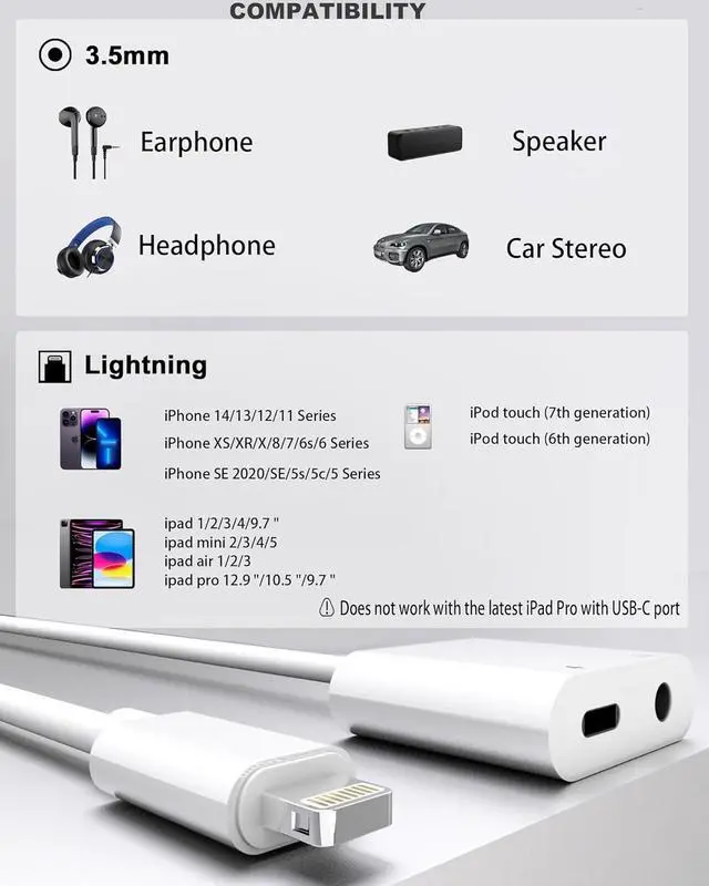 Main image of 2 Pack Lightning to 3.5mm Headphone Jack Adapter [ MFi Certified] 2 in 1 Headphone Adapter Aux Audio and Charger Adapter Dongle Cable Splitter Compatible with iPhone 14 13 12 11 XS XR 8 7