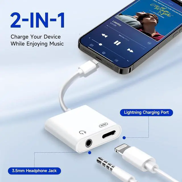 Alt view image 2 of 7 - [ MFi Certified] 2-in-1 Charging & Audio Adapter for iPhone Lightning to 3.5mm Headphone Jack Dongle Splitter Supports Hi-Res Lossless Sound Compatible with iPhone 14/13/12/11/XS/XR/8/7 2Pack