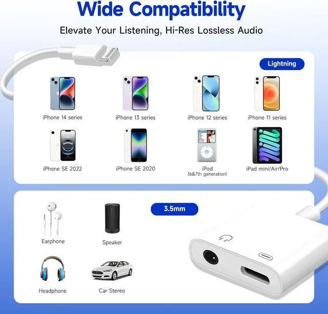 Alt view image 7 of 7 - [ MFi Certified] 2-in-1 Charging & Audio Adapter for iPhone Lightning to 3.5mm Headphone Jack Dongle Splitter Supports Hi-Res Lossless Sound Compatible with iPhone 14/13/12/11/XS/XR/8/7 2Pack