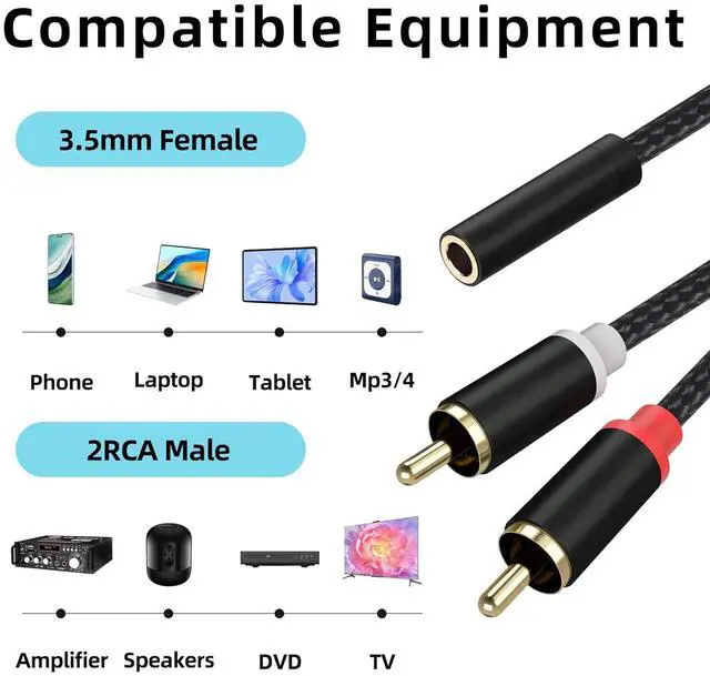 Alt view image 2 of 4 - 3.5mm Female to 2 RCA Male Stereo Cable 3.5mm to RCA Bi-Directional AUX Auxiliary Y Cable Gold Plated Adapter Compatible for TV Smartphones MP3 Tablets Speakers Home Theater