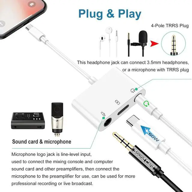Alt view image 3 of 7 - USB C to Microphone Adapter for Live-Streaming Type C to Microphone & 3.5mm Headphone Adapter with Charging Port USB C Audio & MIC Splitter Compatible for iPhone 15/16/iPad Pro/Galaxy 24 23/Pixel 9 8