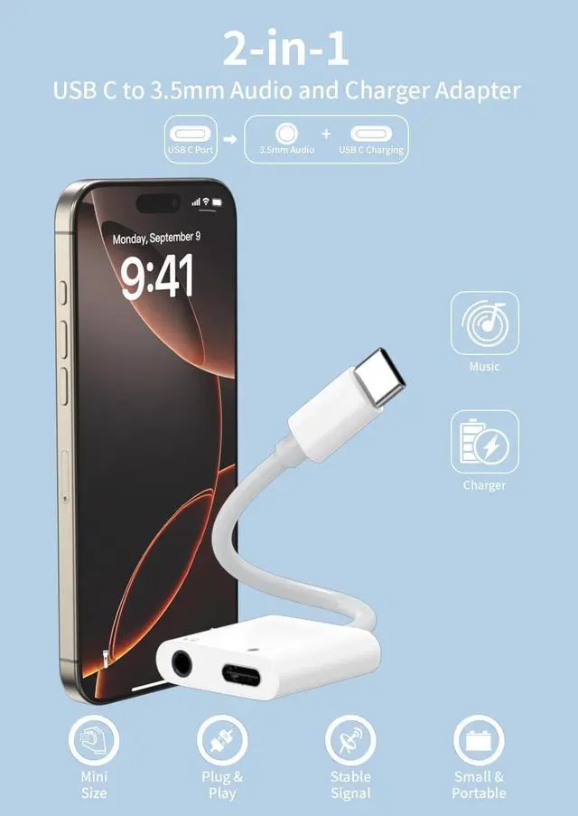 Alt view image 2 of 7 - 1 Pack USB C to 3.5mm Headphone and Charger Adapter 2 in 1 USB C to Aux Audio Jack with PD 60W Fast Charging Dongle Cable Cord for iPhone 17 Air/16/15 Plus Pro Max Galaxy/Note iPad Pro Pixel MacBook