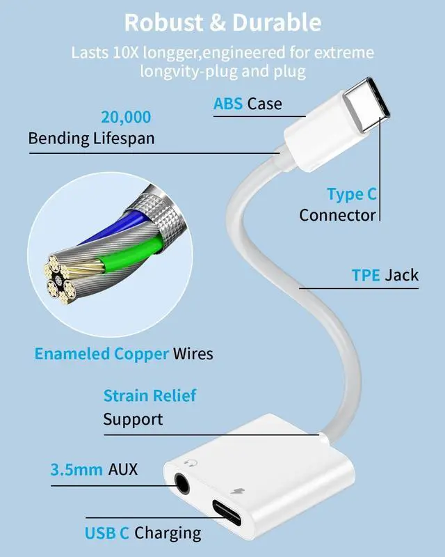 Alt view image 5 of 7 - 1 Pack USB C to 3.5mm Headphone and Charger Adapter 2 in 1 USB C to Aux Audio Jack with PD 60W Fast Charging Dongle Cable Cord for iPhone 17 Air/16/15 Plus Pro Max Galaxy/Note iPad Pro Pixel MacBook